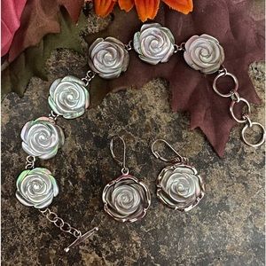 🧜🏻‍♀️Genuine Abalone Solid Sterling Silver Floral Rose Bracelet w/Earrings Set